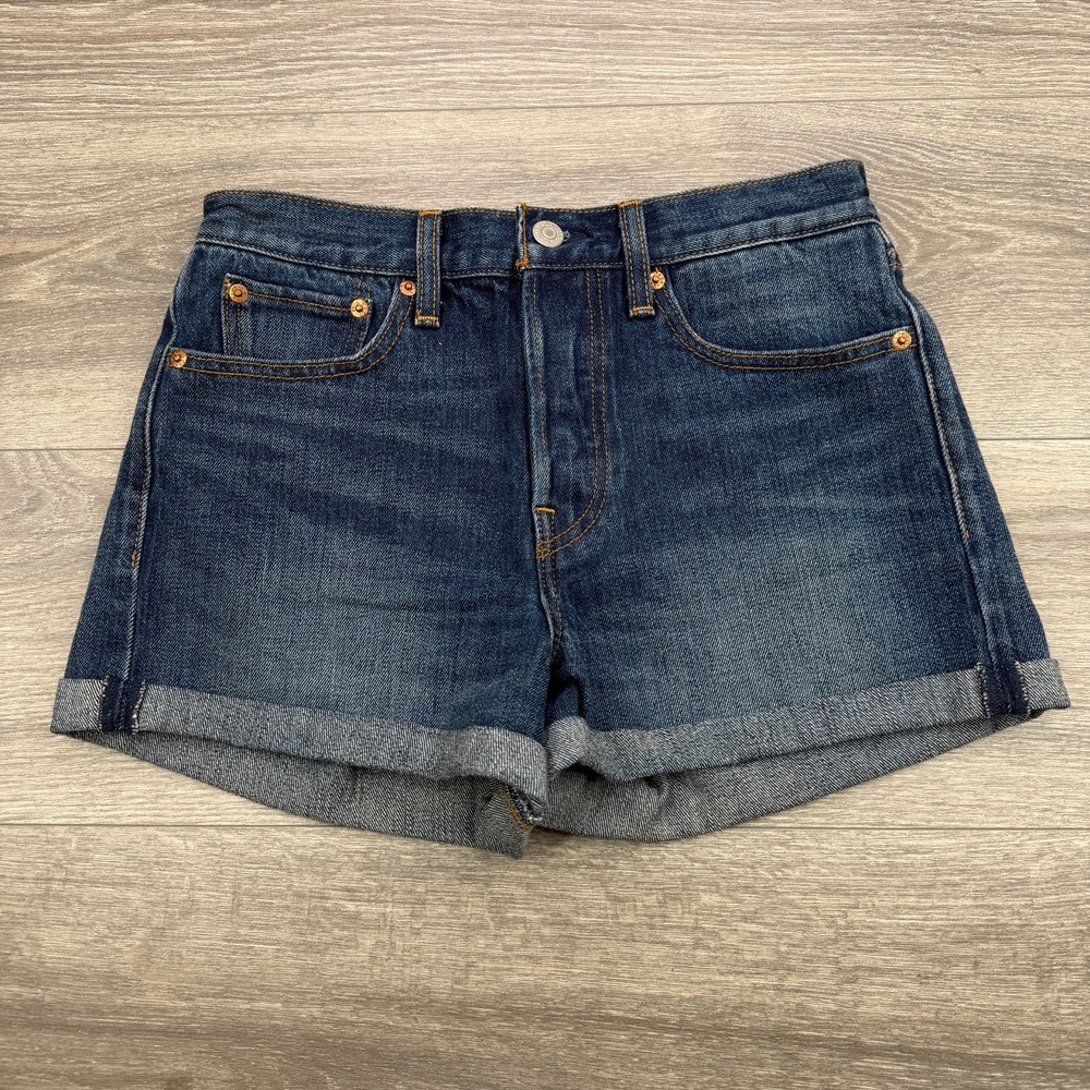 Levis Denim Shorts Womens 27 Blue Dark Wash Button Fly High Rise Rolled Cuff 90s